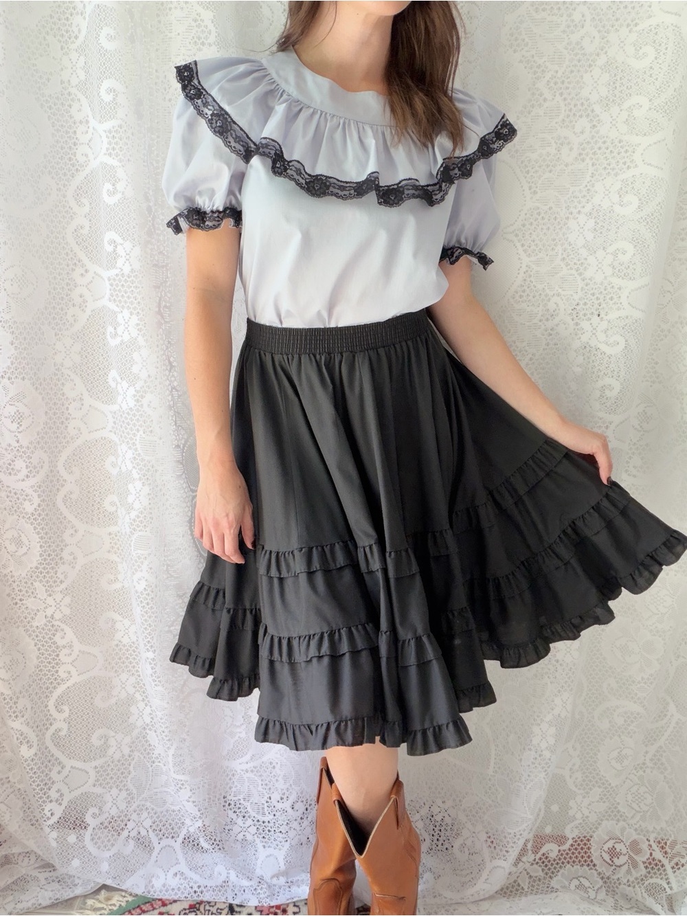 Vintage Harmony Please Black Square Dance Skirt Full Ruffle Circle Skirt